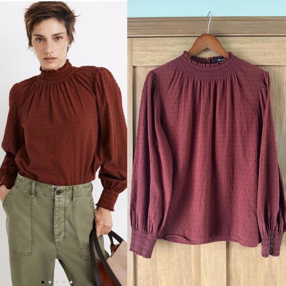 Madewell Tops - Madewell Burgundy Sheer-Sleeve Mockneck Blouse in Clip Dot Women’s size Medium